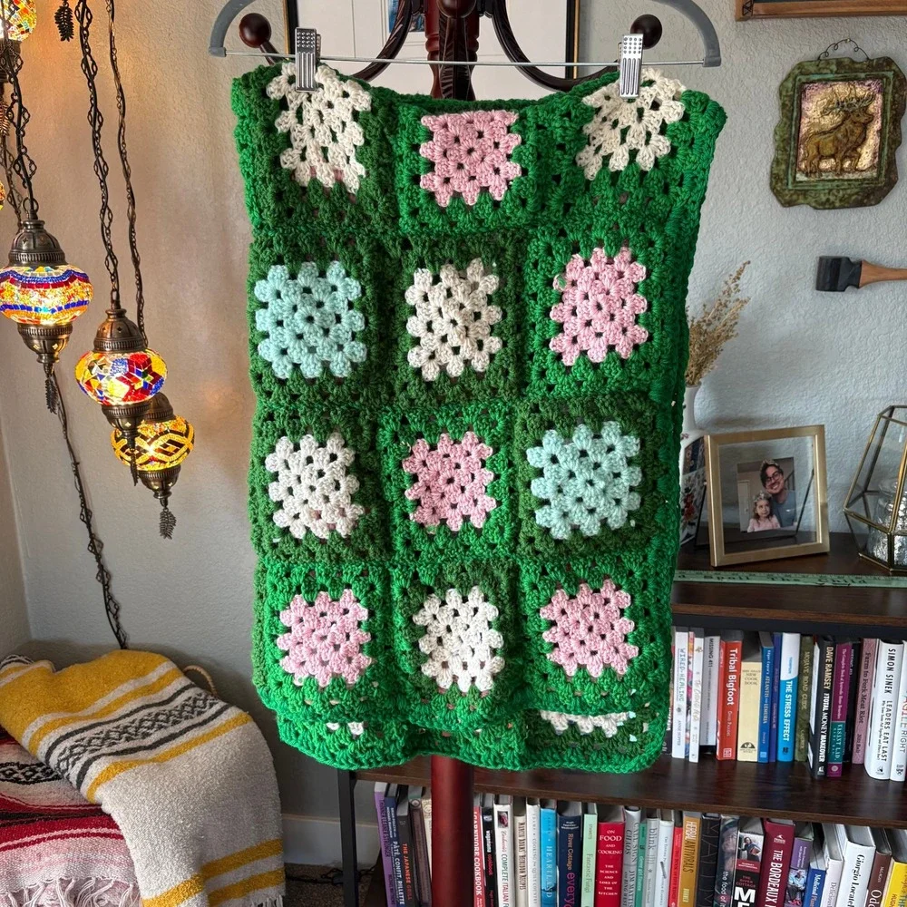Handmade Crochet Granny Square Throw Blanket – Green‎ Floral Cottagecore